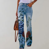 Damen Jeans mit weitem Bein und Blumendruck – Blaue Blume