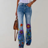 Damen Jeans mit weitem Bein und Blumendruck – Lila Blume
