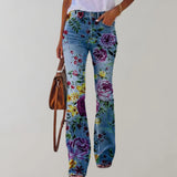 Damen Jeans mit weitem Bein und Blumendruck – Lila Rosen