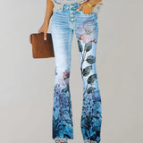 Damen Jeans mit weitem Bein und Blumendruck – Rosa Blume