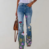 Damen Jeans mit weitem Bein und Blumendruck – Rote Blume