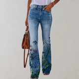 Damen Jeans mit weitem Bein und Blumendruck – Schwarzer Schmetterling
