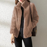 Damen Fleecejacke mit Stehkragen und Reißverschluss – Dunkelbraun