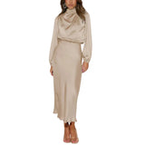 Damenkleid mit drapiertem Stehkragen – Beige