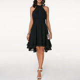 Damenkleid mit Halterneck und Ausgestelltem Rock mit Lagen-Saum – Schwarz