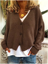 Damen Strickjacke Kurz mit V-Ausschnitt und Knopfleiste – Braun