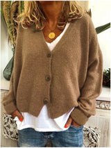 Damen Strickjacke Kurz mit V-Ausschnitt und Knopfleiste – Khaki