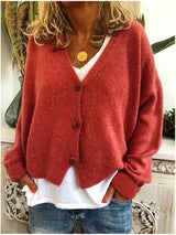 Damen Strickjacke Kurz mit V-Ausschnitt und Knopfleiste – Orange-Rot
