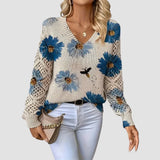 Damenpullover mit Blumenmuster und Häkel-Details – Blau