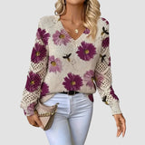 Damenpullover mit Blumenmuster und Häkel-Details – Violett