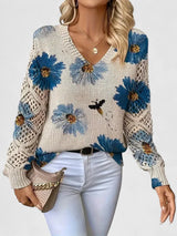 Damenpullover mit Floralmuster und V-Ausschnitt – Blau