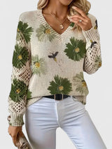 Damenpullover mit Floralmuster und V-Ausschnitt – Grün