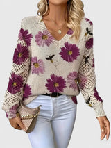 Damenpullover mit Floralmuster und V-Ausschnitt – Purple