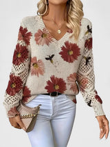 Damenpullover mit Floralmuster und V-Ausschnitt – Rot