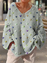 Damen Strickpullover mit bunten Herzmotiven und V-Ausschnitt – Lichtgrün