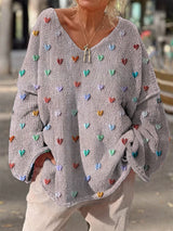 Damen Strickpullover mit bunten Herzmotiven und V-Ausschnitt – Lila