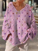 Damen Strickpullover mit bunten Herzmotiven und V-Ausschnitt – Rosa