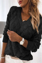 Damenpullover mit V-Ausschnitt und Strickmuster – Schwarz
