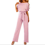 Damen’s Jumpsuit mit kurzen Ärmeln, weitem Bein und Taillenband – Rosa