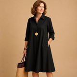 Damen’s Kleid mit Kragen, Knopfleiste, langen Ärmeln und seitlichen Taschen – Schwarz