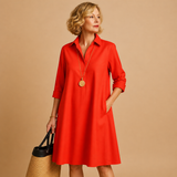 Damen’s Kleid mit Kragen, Knopfleiste, langen Ärmeln und seitlichen Taschen – Rot