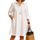 Damen’s Kleid mit Kragen, Knopfleiste, langen Ärmeln und seitlichen Taschen – Weiß
