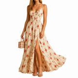 Damen’s Spaghettiträger V-Ausschnitt Maxikleid mit Nahtpaneelen und Frontschlitz – Beige
