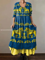 Frauenkleid mit schwedischen Dala-Pferde-Drucken – Blau
