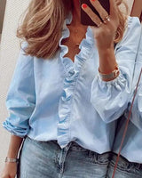 Rüschenshirt mit V-Ausschnitt für Damen – Blau