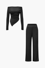 Daniela | Elegantes Zweiteiler-Set mit Asymmetrischem Oberteil & Weiten Hosen – Schwarz