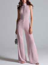 ElevenOra Stilvoller Pinker Ärmelloser Jumpsuit mit Stehkragen, Reißverschluss vorne, Tailliertem Bund und Weitem Bein im Ribstrickdesign – Pink