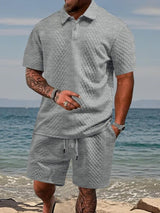 Niall - Strukturiertes Set aus Poloshirt und Shorts – Hellgrau