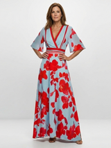 Corinne | V-Ausschnitt Kurzarm Blumenmaxikleid – Floral