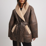 Damen Winterjacke mit Gürtel und Futter – Braun
