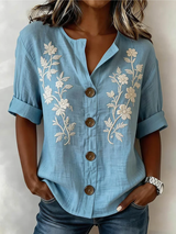 Saleena – Elegantes Oberteil Mit Blumen Stickerei – Blau