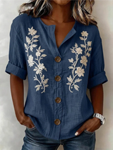 Fiana - Besticktes Softtouch-Top – Marineblau
