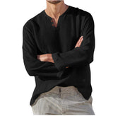 Tino – Herren Leinenhemd mit Stehkragen und Knopfdetails – Schwarz