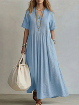 Betsaida – Elegantes Kleid Mit V-Ausschnitt Und kurzen Ärmeln – Blau