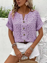 Amira | Luftige Bluse mit Blumenmuster & Holzknopf-Details – Violett