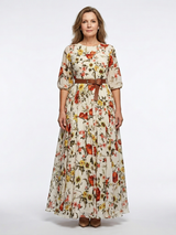 Odelia | Maxikleid mit Rundhalsausschnitt und drei Viertel Ärmeln, mit Gürtel – Floral