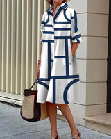 Elegantes Kleid mit geometrischem Muster für Frauen | Midi – Blau