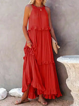 Boho Maxikleid mit Volants & Neckholder-Ausschnitt – Sommerlich & Feminin – Rot