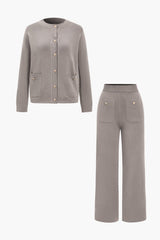 Rosina | Klassisches Strick-Zweiteiler-Set mit Cardigan & Wide-Leg-Hose – Taupe