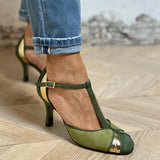 Taviana | T-Strap Patchwork Pumps mit Geschlossenem Zehenbereich – Grün