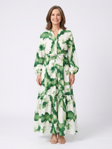 Sabine | Langärmliges Maxikleid mit Taillenknoten und Stufenrock – Floral
