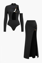 Nele | Elegantes Cut-Out-Zweiteiler-Set mit Maxi-Rock – Schwarz