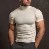 Aljur - Einfarbiges Herren‑T‑Shirt mit Rollkragen – Creme
