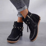 Dorothea | Damen Fransen Stiefeletten mit Schnallen – Schwarz
