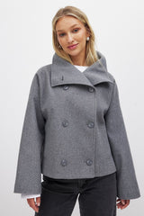 Damen Kurzer Trenchcoat Doppelreihig – Grau