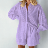 Christa | Luftiges Baumwoll-Set mit Oversized-Bluse & Shorts – Lila